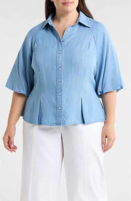 Bubble Sleeve Flare Button-Up Chambray Top
