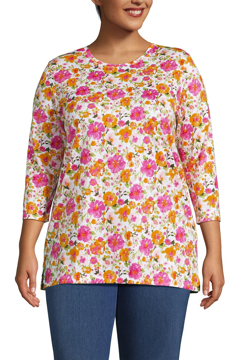 3/4 Sleeve Cotton Supima Tunic, Alternate, color, White Multi Painted Blooms