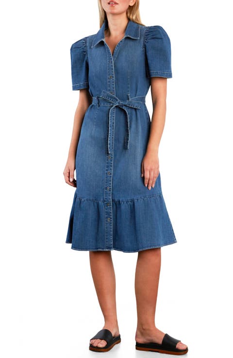 Muse Belted Puff Sleeve Denim Midi Shirtdress