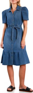 Wash Lab Denim Muse Belted Puff Sleeve Denim Midi Shirtdress