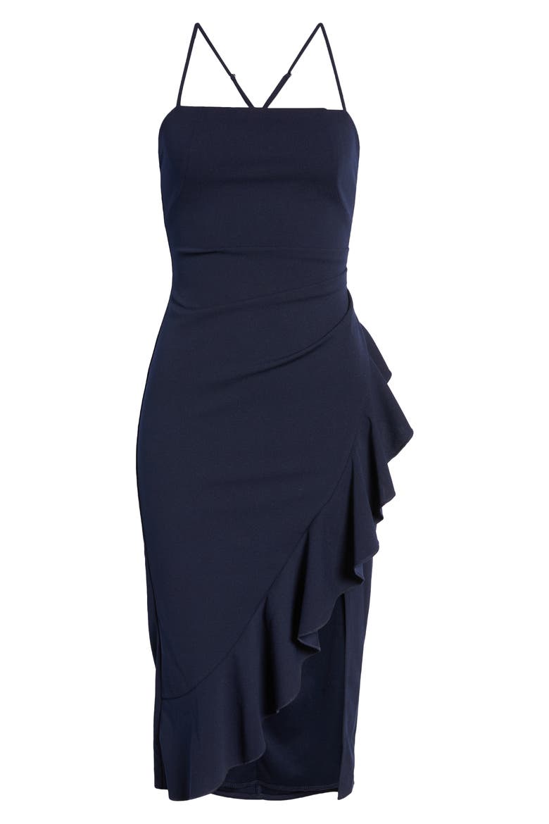 Square Neck Side Ruffle Midi Dress, Alternate, color, NAVY