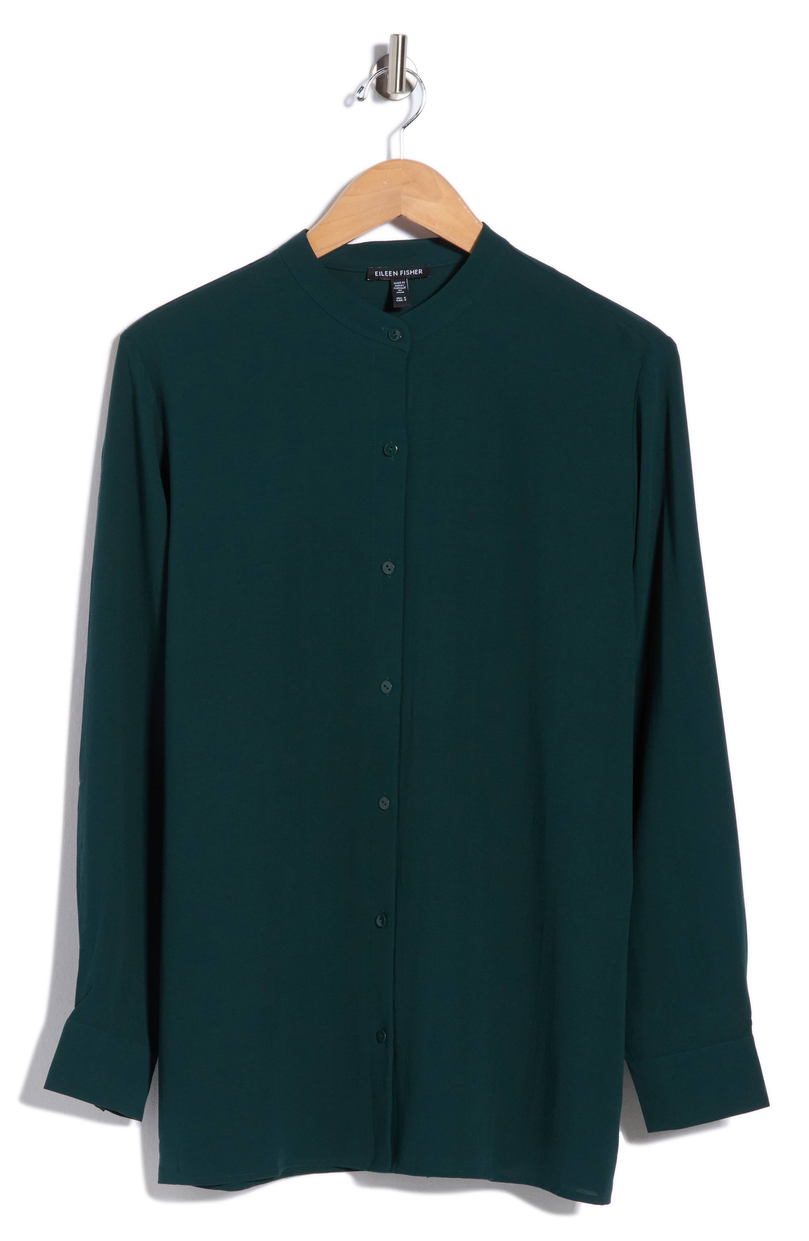 Band Collar Silk Button-Up Shirt