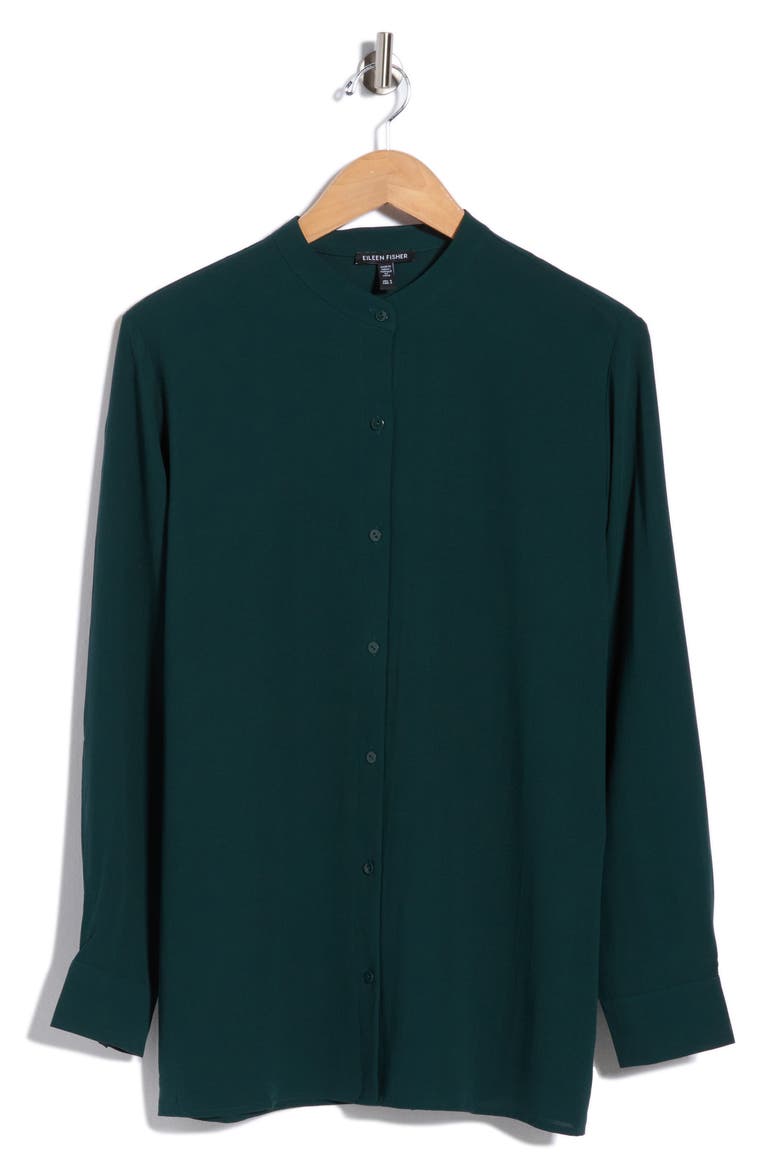 Band Collar Silk Button-Up Shirt, Main, color, FIR