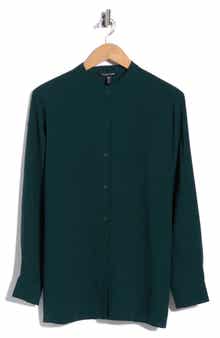 Band Collar Silk Button-Up Shirt