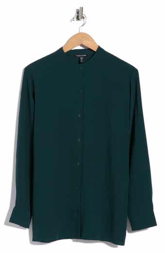 Band Collar Silk Button-Up Shirt