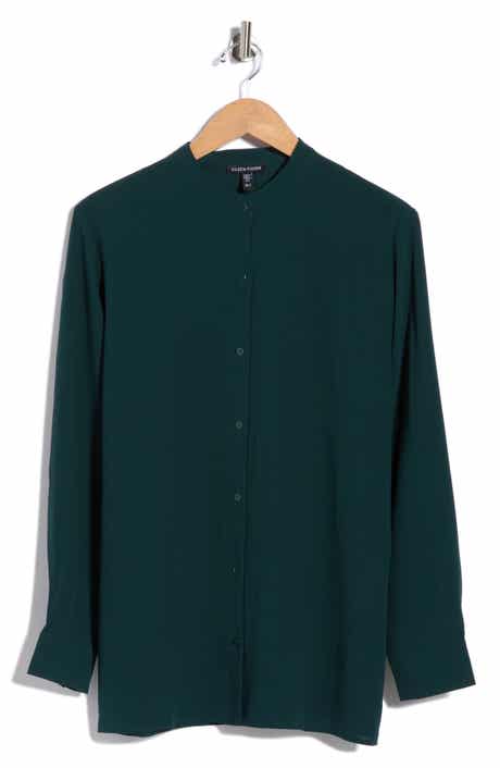 Band Collar Silk Button-Up Shirt