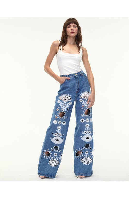 Cynthia Rowley Embroidered Wide-leg Jeans In Blue/white