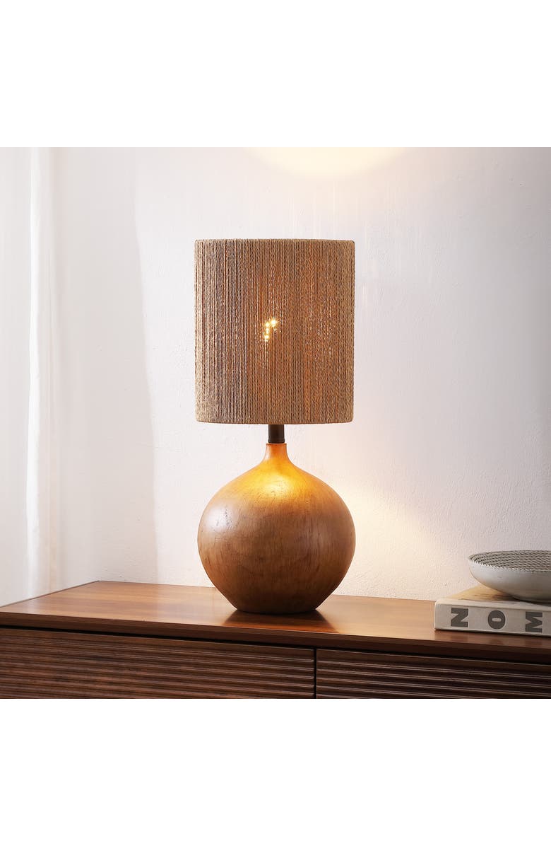 JONATHAN Y Abram Bohemian Resin/Metal Round Table Lamp with Paper Rope Shade, Alternate, color, Brown Wood Finish