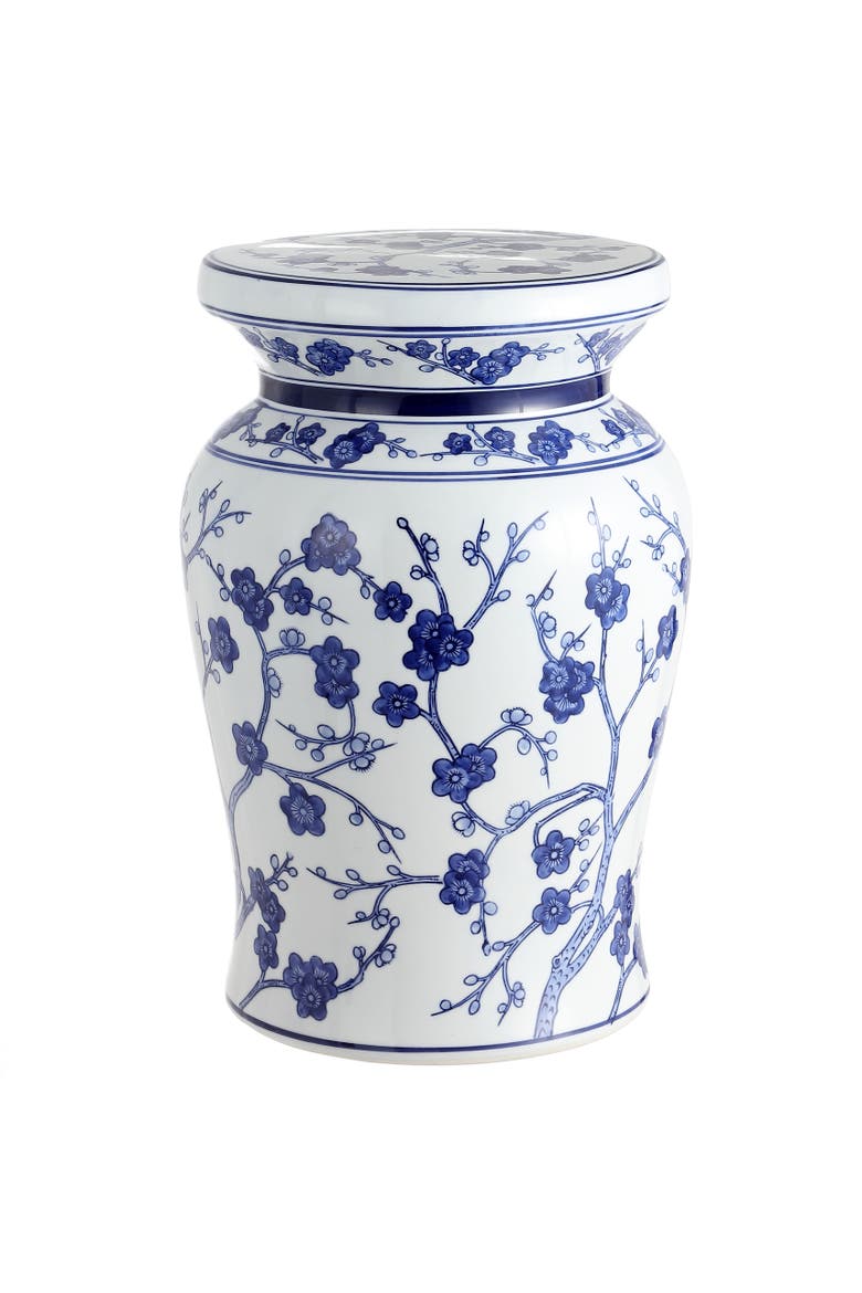 Cherry Blossom Traditional Chinoiserie Floral Ceramic Garden Stool, Indoor/Outdoor Patio Side Table, Accent Seat & End Table, Main, color, White/Blue