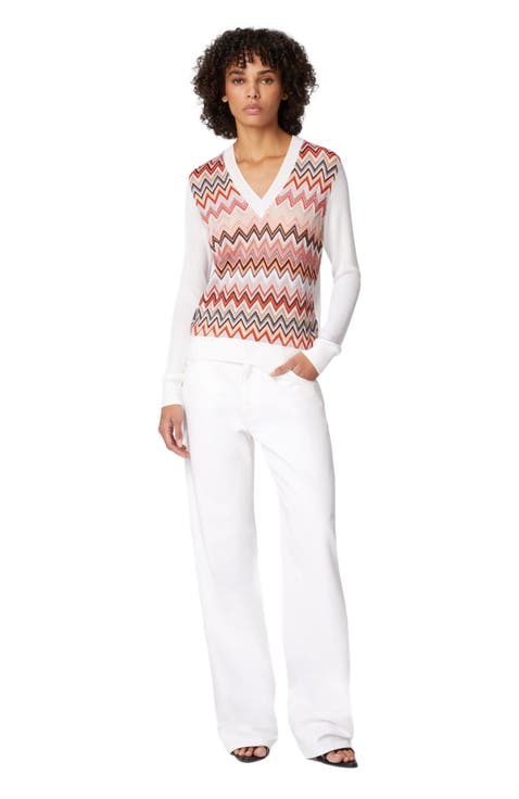 Viscose-blend Sweaters With Chevron Insert And V-neck