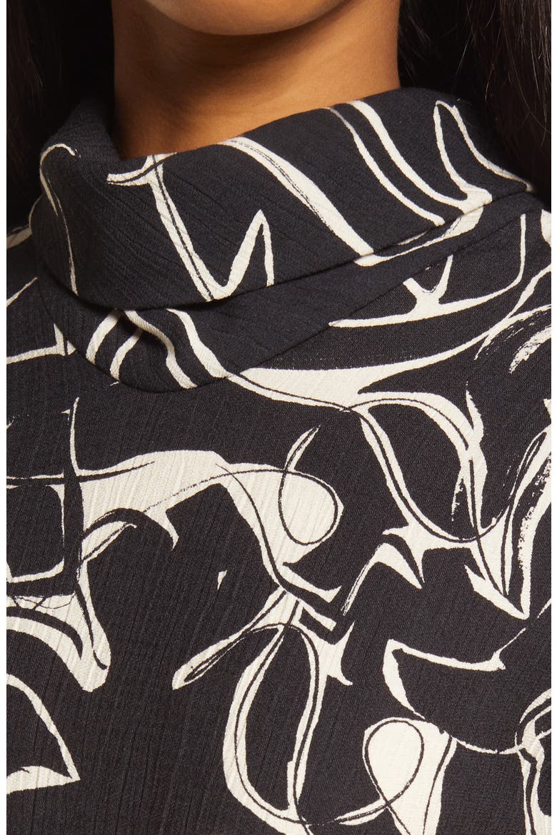 Abstract Print Belted Long Sleeve Midi Dress, Alternate, color, BLACK AOP