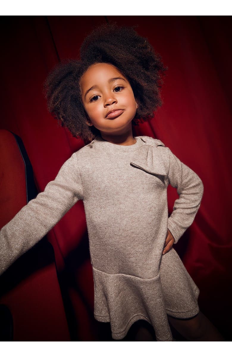 Mayoral Velvet Pleated Dress with Shoulder Bow, Alternate, color, Beige