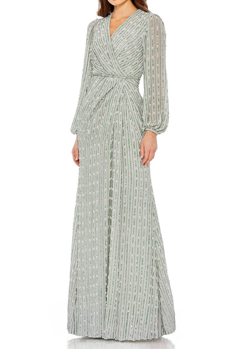 Sequin-Embellished Long Sleeve V-Neck Evening Gown, Main, color, Sage