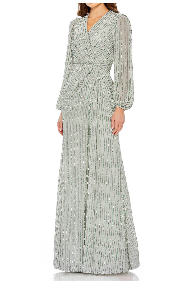 Mac Duggal Sequin-Embellished Long Sleeve V-Neck Evening Gown, Main, color, Sage