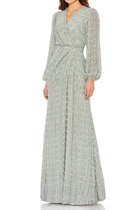 Sequin-Embellished Long Sleeve V-Neck Evening Gown