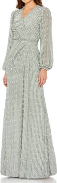 Mac Duggal Sequin-Embellished Long Sleeve V-Neck Evening Gown