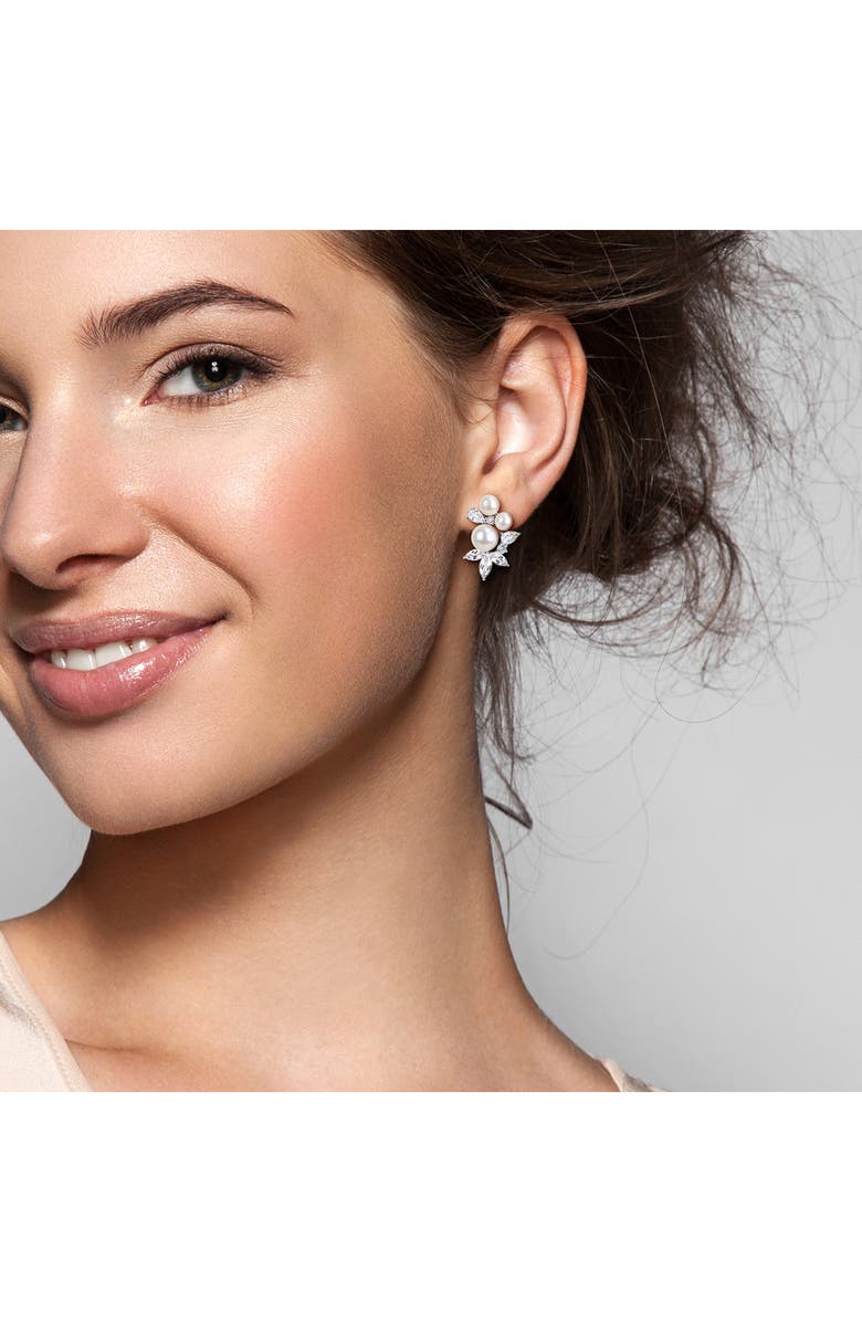 DELMAR Sterling Silver Cultured Pearl & White Topaz Cluster Stud Earrings, Alternate, color, 