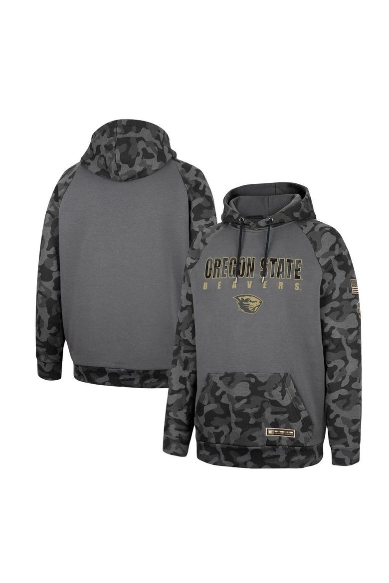 Men's Colosseum Charcoal Oregon State Beavers OHT Military Appreciation Camo Stack Raglan Pullover Hoodie, Main, color, Charcoal