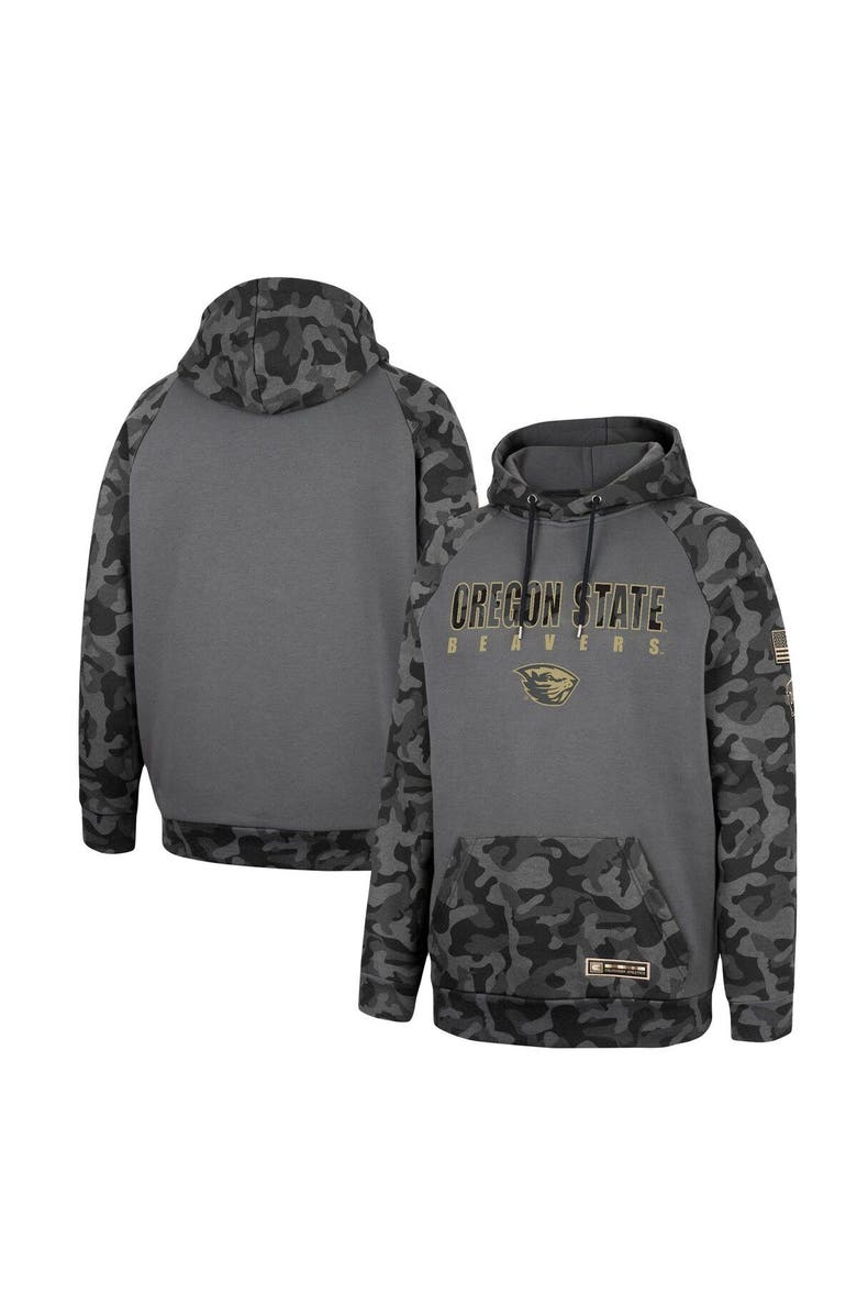 COLOSSEUM Men's Colosseum Charcoal Oregon State Beavers OHT Military Appreciation Camo Stack Raglan Pullover Hoodie, Main, color,