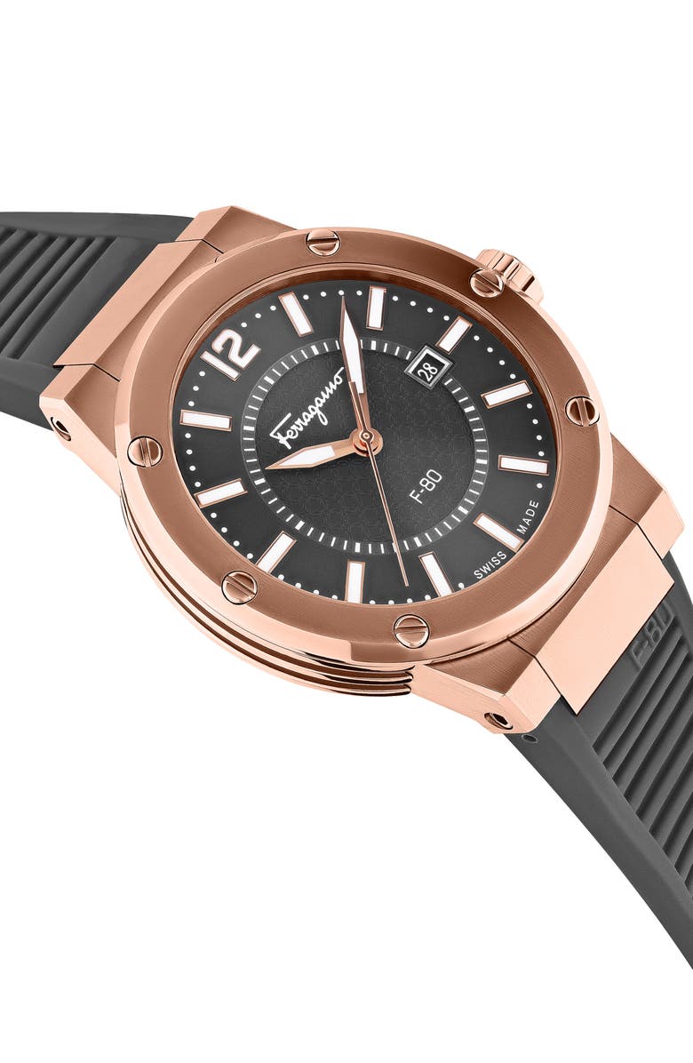 FERRAGAMO F-80 Chronograph Silicone Strap Watch, 44mm, Alternate, color, 