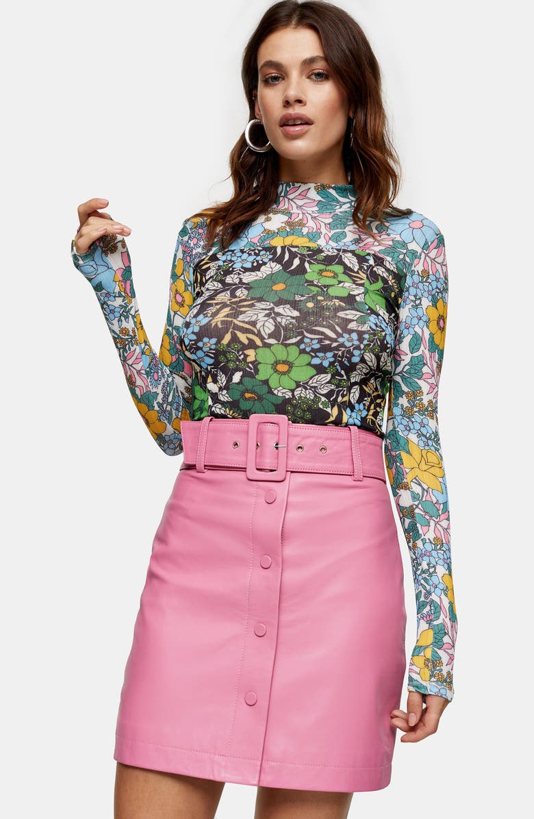 Topshop Belted Leather Miniskirt, Alternate, color, 