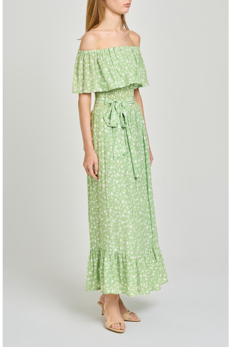 Indie Ditsy Floral Off the Shoulder Tiered Midi Dress, Alternate, color, PISTACHIO ALLOVER FLORAL