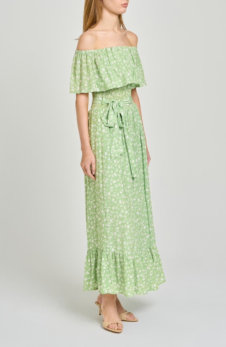 WAYF Indie Ditsy Floral Off the Shoulder Tiered Midi Dress, Alternate, color, Pistachio Allover Floral