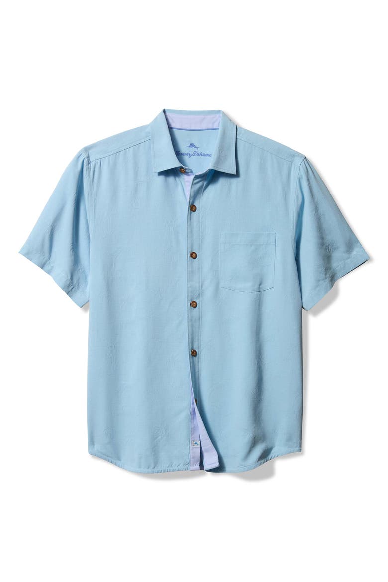 Birdie of Paradise Embroidered Short Sleeve Silk Button-Up Shirt, Main, color, BLUE JAY