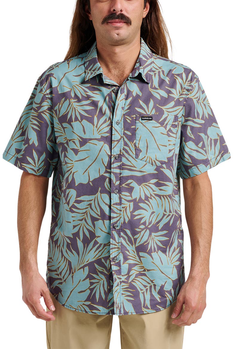 Palm Trip Classic Leaf Print Short Sleeve Cotton Button-Up Shirt, Main, color, GRAYSTONE/ TURQUOISE