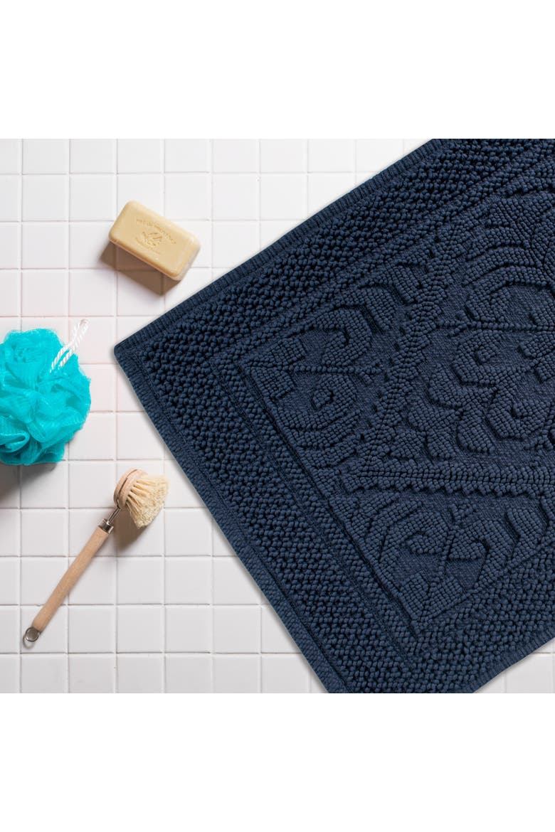 Jacquard Bordered Bath Mat, 20x31", Alternate, color, Navy Damask