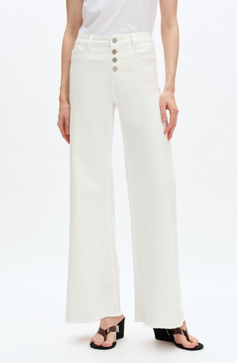 Frayed Exposed Button Mid Rise Wide Leg Jeans