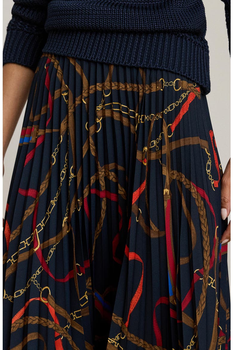 Belting Print Pleated Georgette Skirt, Alternate, color, NAVY MULTI