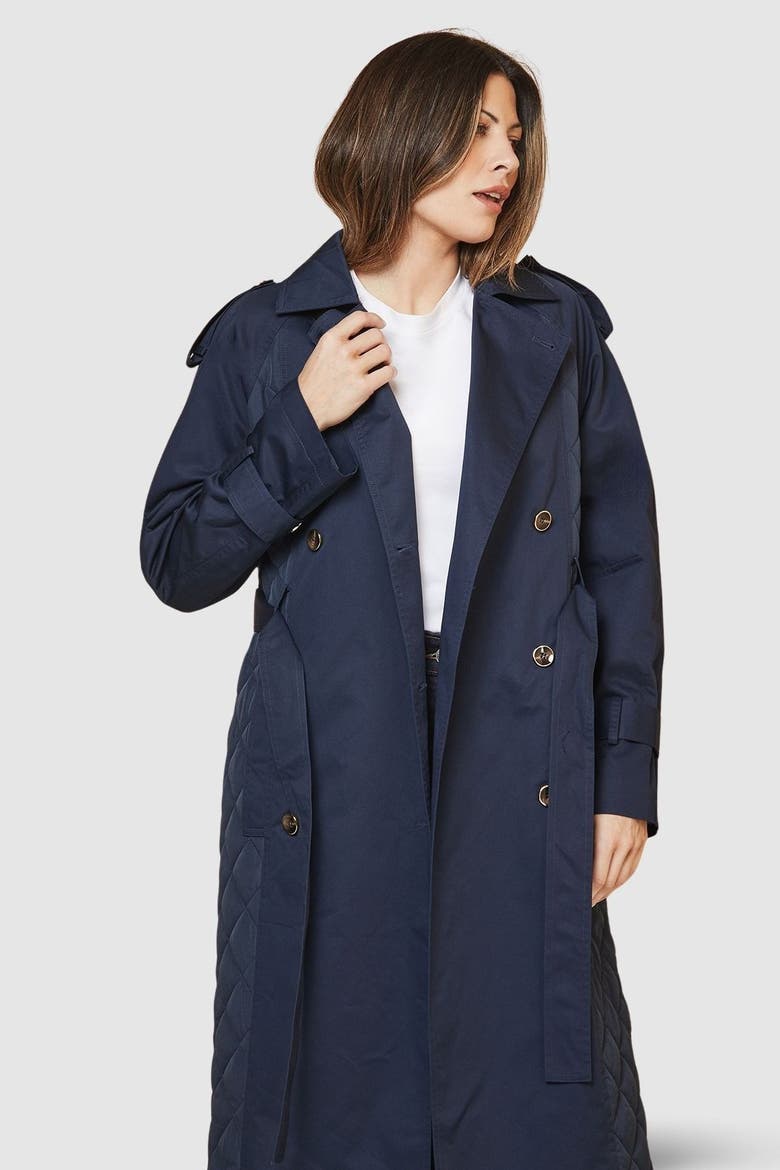 Padded Belted Trench Coat, Alternate, color, Navy