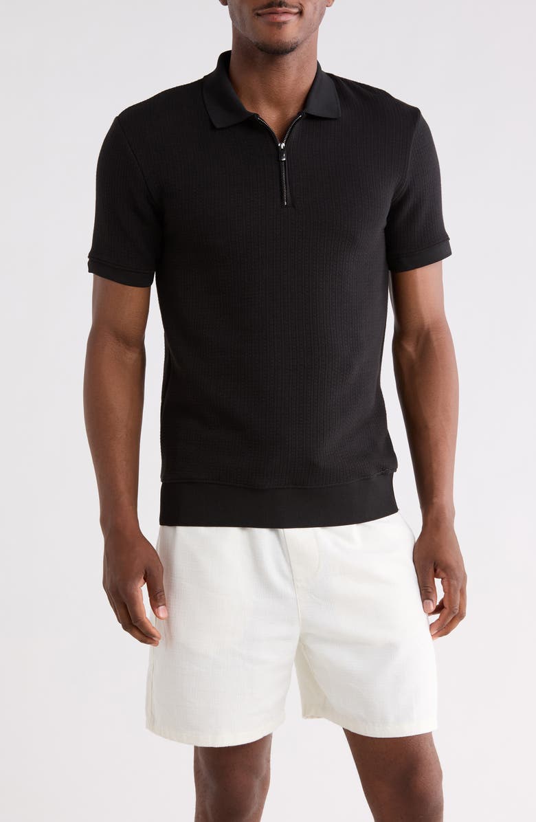 DENIM AND FLOWER Quarter Zip Knit Polo, Main, color, Black