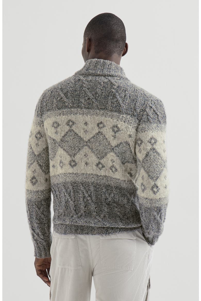 Virgin wool, silk and cashmere chiné cable knit cardigan with intarsia, Alternate, color, Cerulean