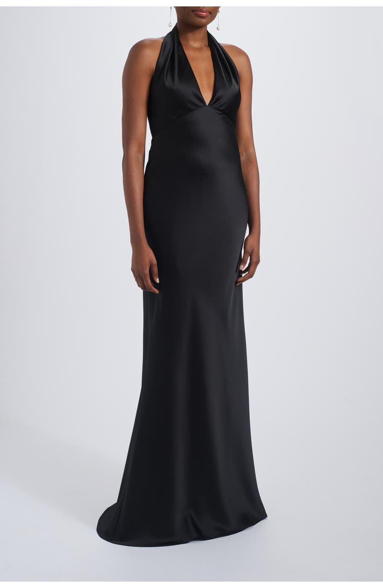 Amsale V-neck Fit-to-Flare Halter Gown, Alternate, color, Black