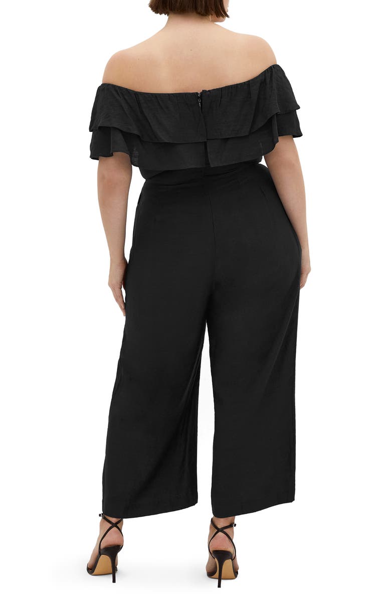 City Chic Poppy Ruffle Off the Shoulder Jumpsuit, Alternate, color, Black