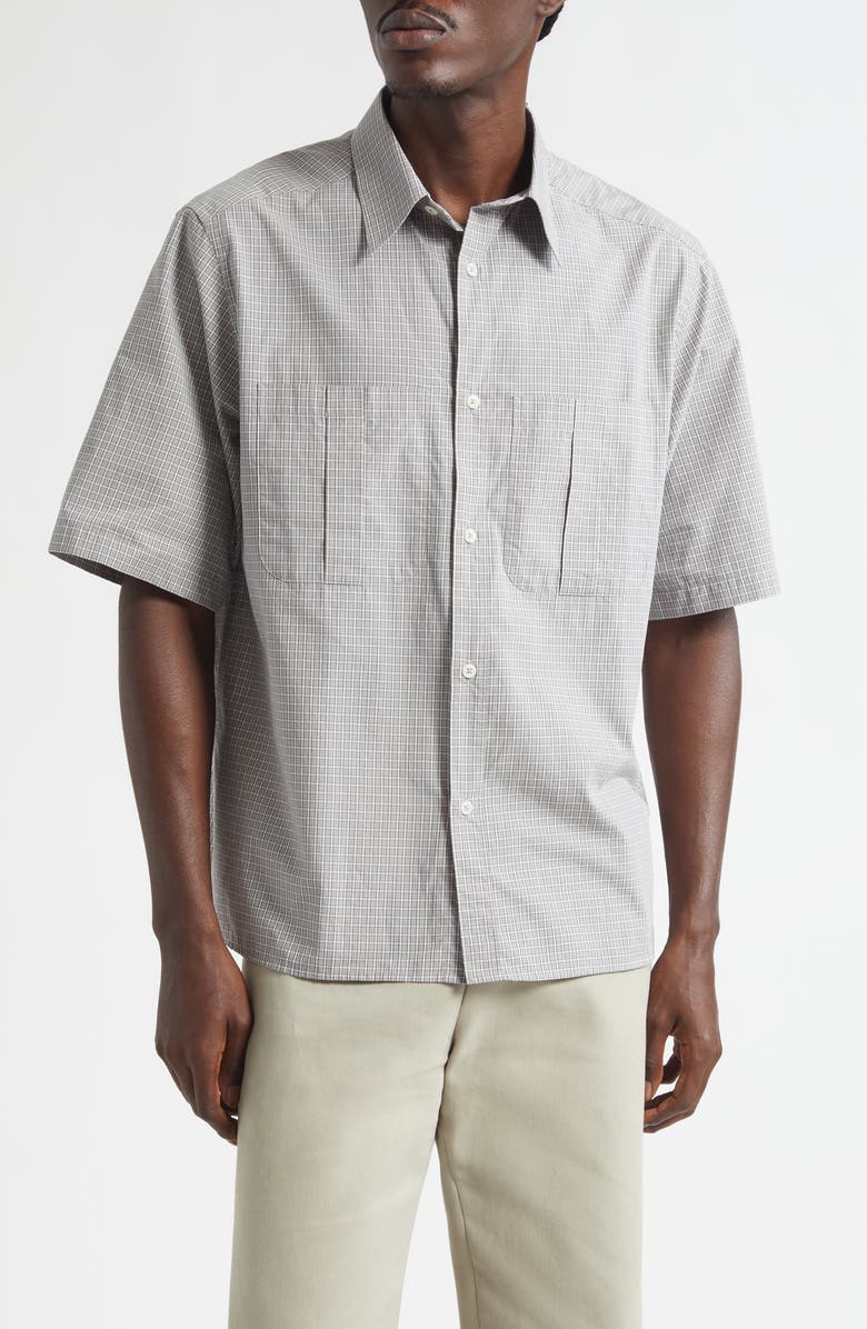 De Bonne Facture Painters Short Sleeve Organic Cotton Button-Up Shirt, Main, color, Grey Pin Check