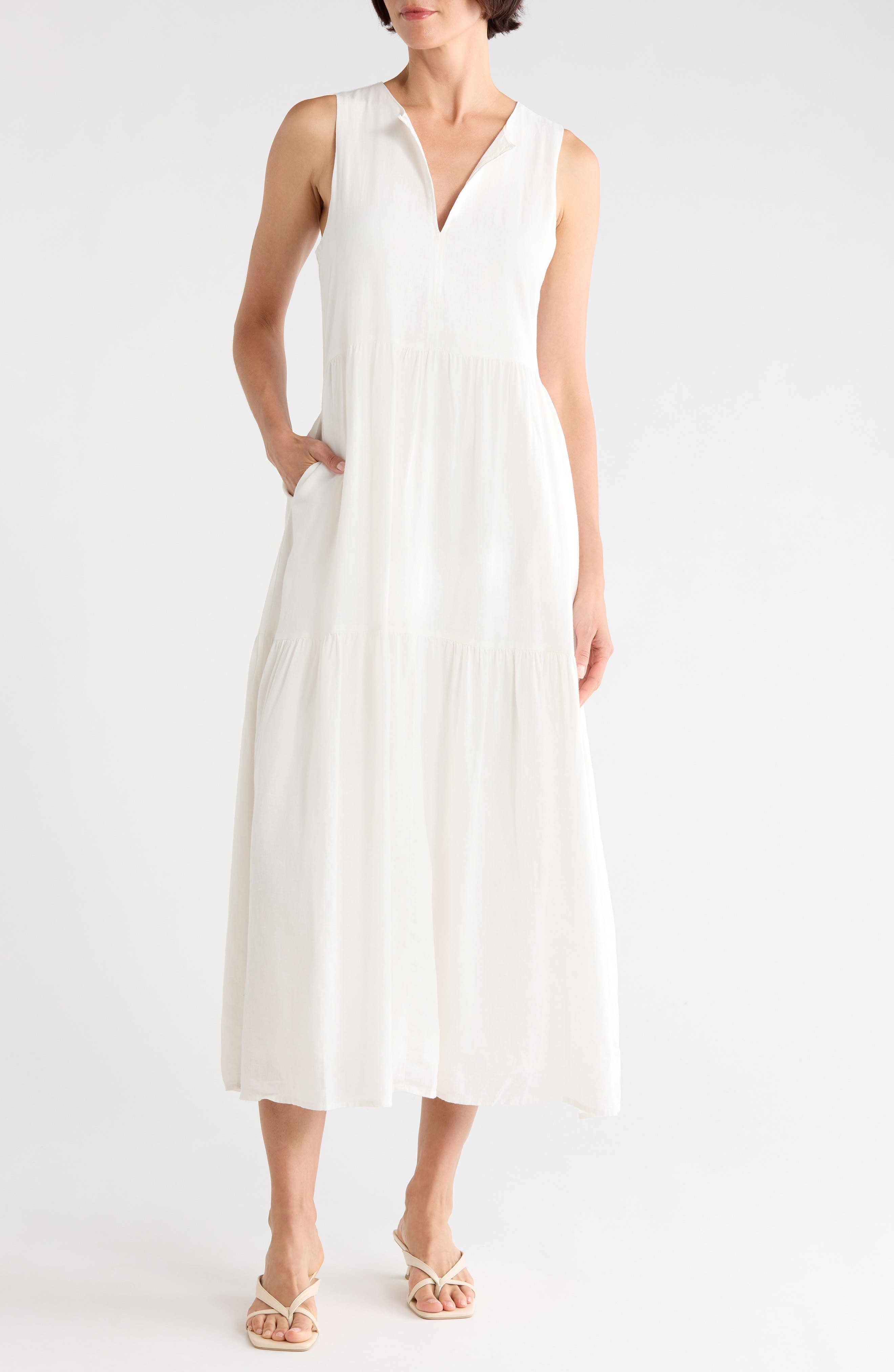 DKNY Jeans Sleeveless Tiered Linen Blend Maxi Dress