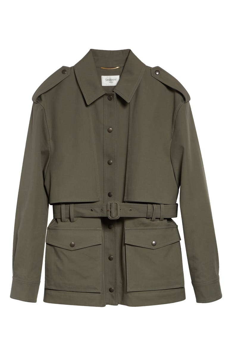 Saint Laurent Belted Cotton Military Jacket, Main, color, Kaki Passe