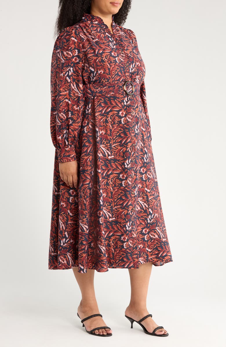 Caslon<sup>®</sup> Floral Print Long Sleeve Shirtdress, Alternate, color, Navy- Rust Ikat Blossom
