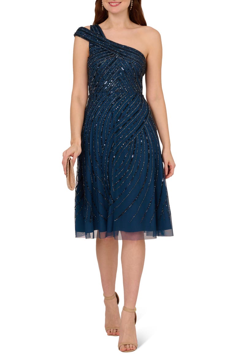 Beaded One-Shoulder Dress, Main, color, DEEP BLUE
