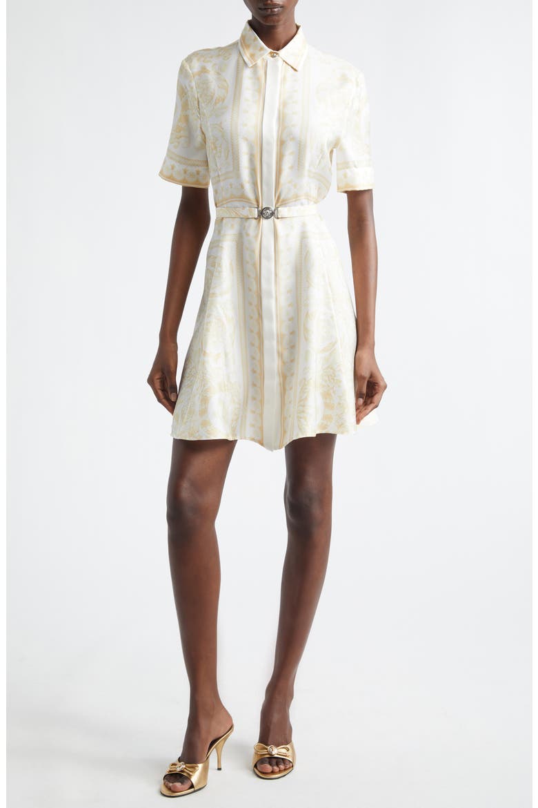 Barocco Foulard Belted Silk Dress, Main, color, WASHED OUT GOLD