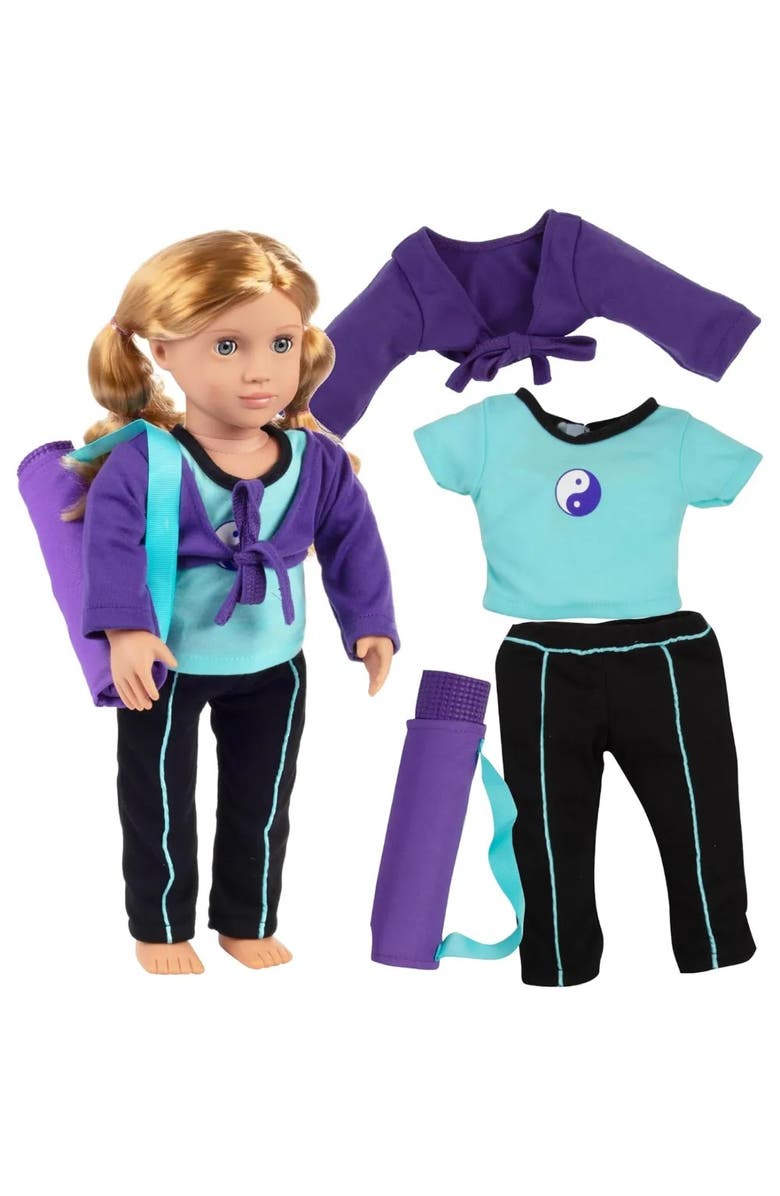 Dress Along Dolly Yoga Gymnastics Doll Outfit (5 Piece Set) - Clothes Costume Fits American 18" Dolls, Main, color, Purple
