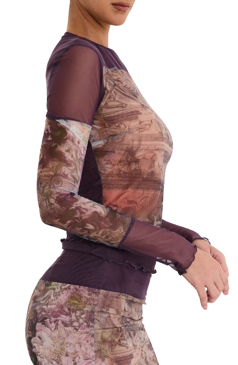 Mistress Rocks Mixed Media Floral Mesh Top, Alternate, color, Dusty Prune