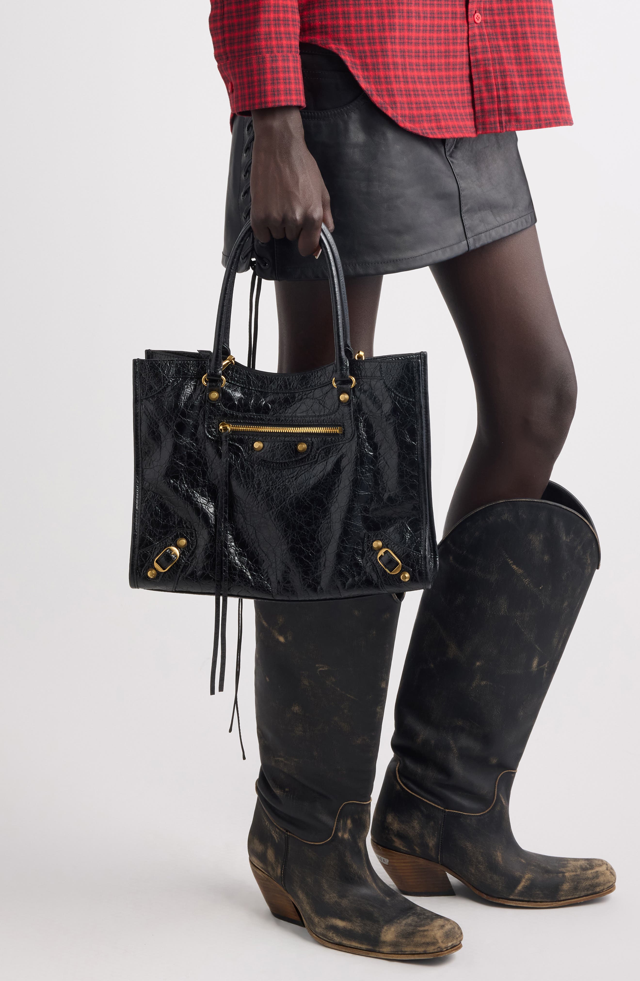 Balenciaga Small Le City Crinkled Leather Tote, Alternate, color, 1000 Black