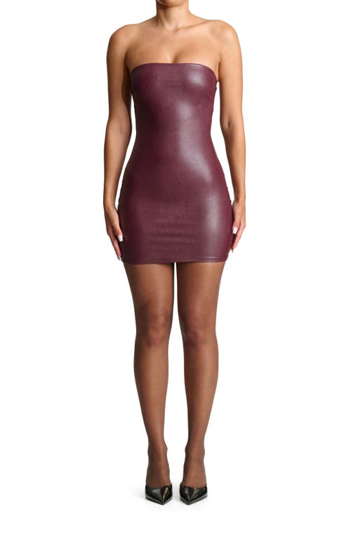 Naked Wardrobe Strapless Faux Leather Minidress in Dark Plum 