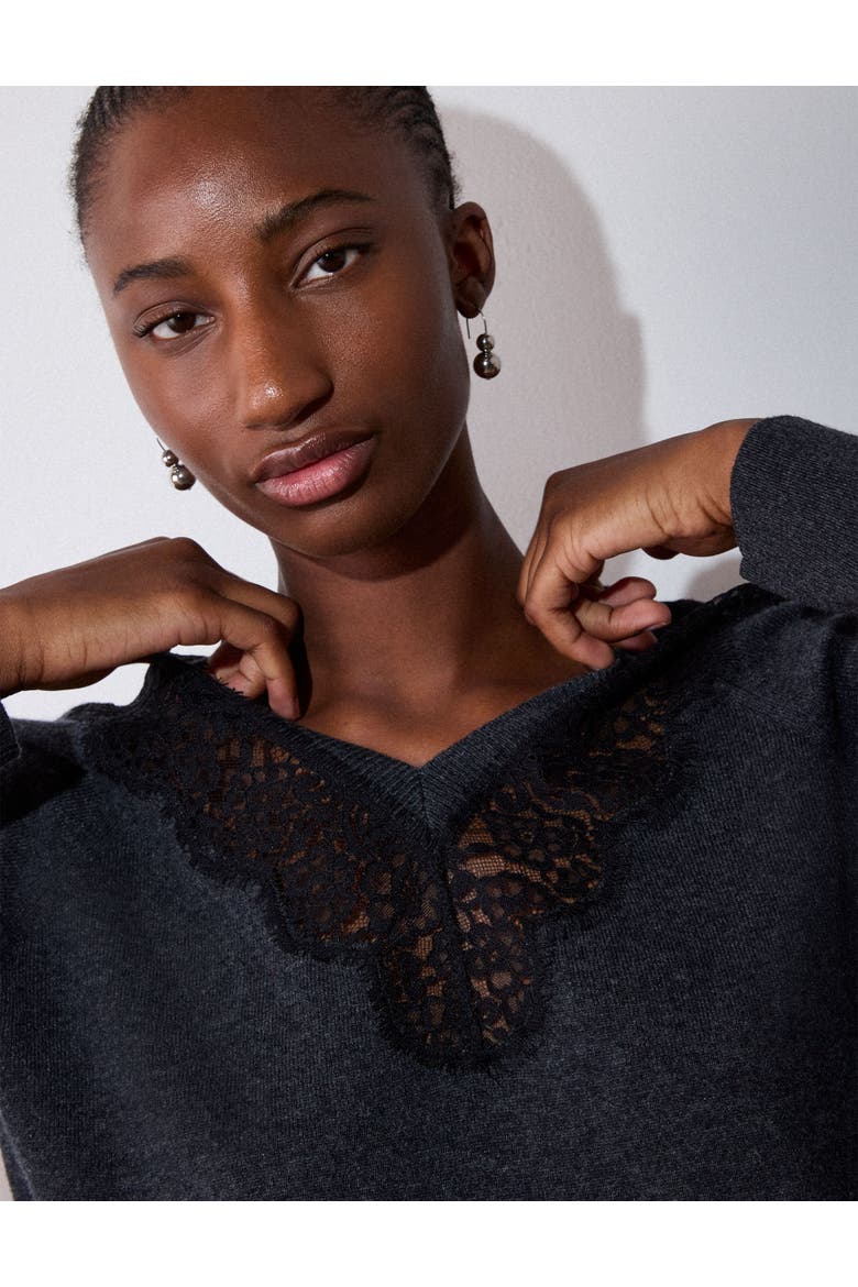 Wool Mix Lace Trim Knit Sweater, Alternate, color, Dark Grey