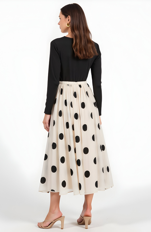 Modenaire Polka Dot Pleated Midi Skirt In White