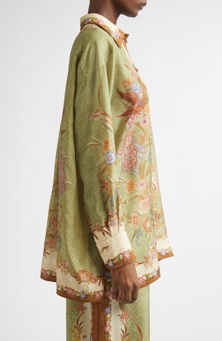Zimmermann Indra Placed Print Relaxed Fit Silk Button-Up Shirt, Alternate, color, Khaki Scarf Floral